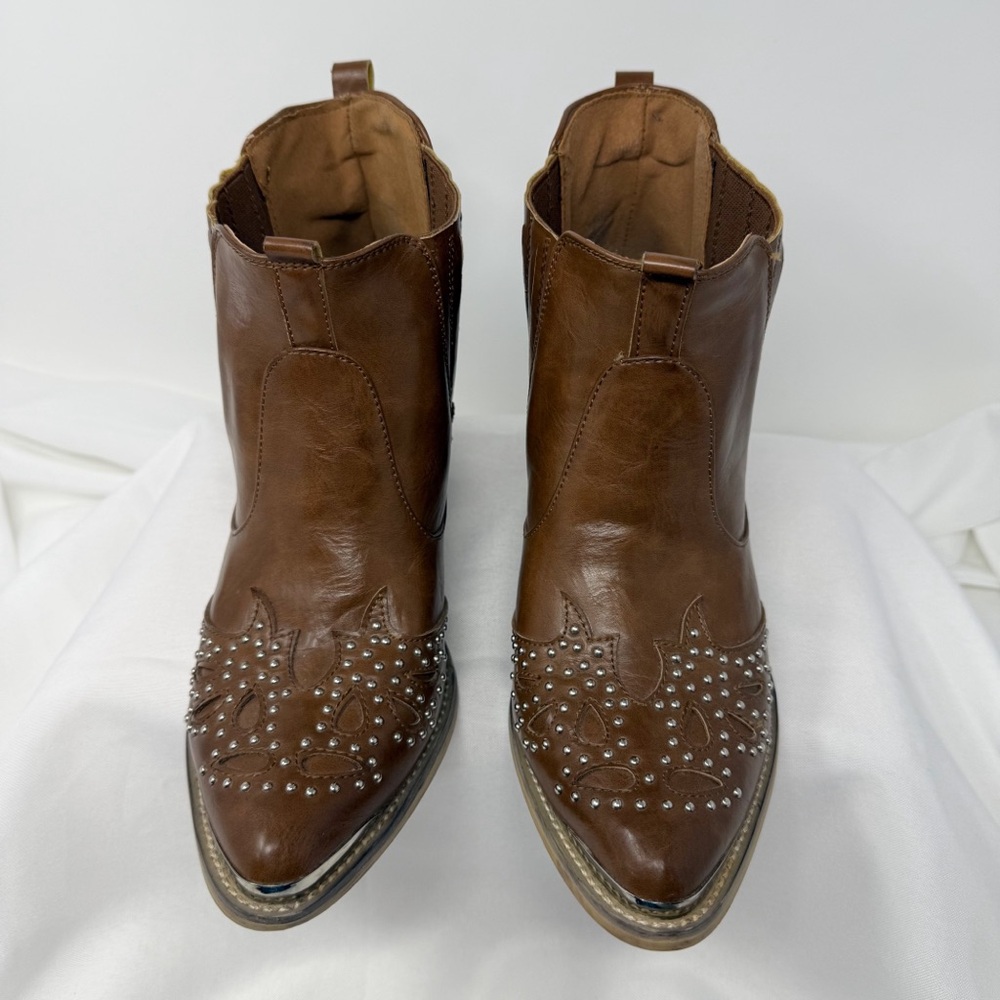 Yoki Brown Studded Western Ankle Boots - Picture 10 of 14